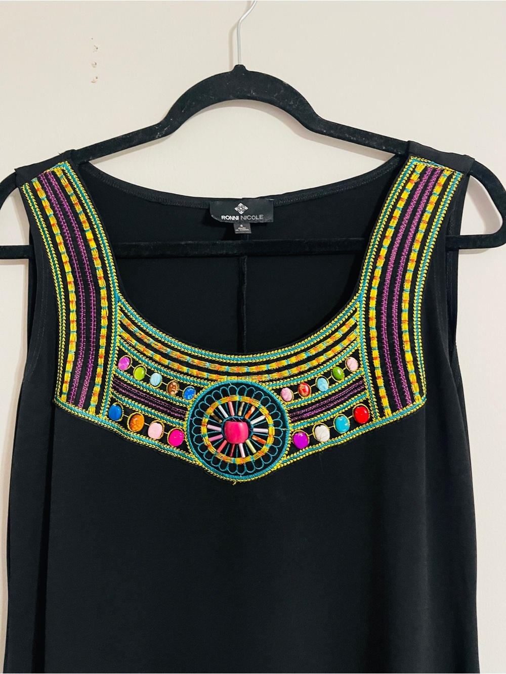 Vintage 90’s Ronni Nicole Black Boho Chic Sleeveless Mini Dress Beaded Neck Sz 8 - Picture 3 of 16